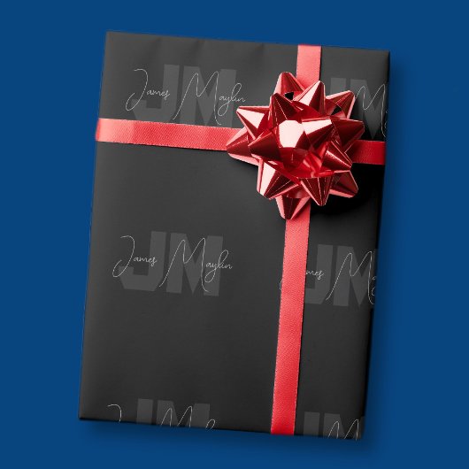 名前モダンとモノグラム |グレーと黒 ラッピングペーパー