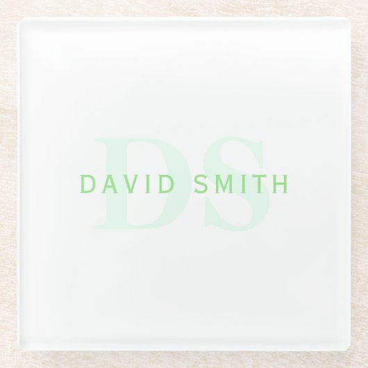 名前モダンとモノグラム |緑と白 ガラスコースター (正面)