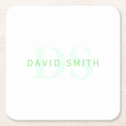名前モダンとモノグラム |緑と白 スクエアペーパーコースター (正面)