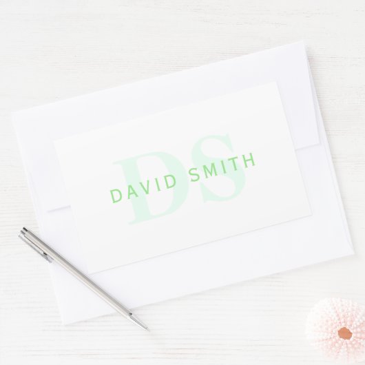 名前モダンとモノグラム |緑と白 長方形シール (封筒)