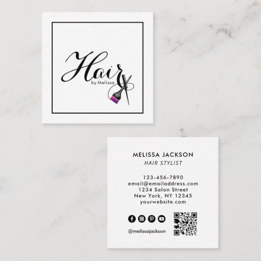 名前モダンによるヘアQRコードソーシャルメディア白 スクエア名刺 (正面/裏面)