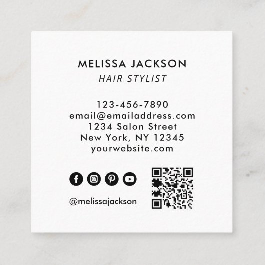 名前モダンによるヘアQRコードソーシャルメディア白 スクエア名刺 (裏面)