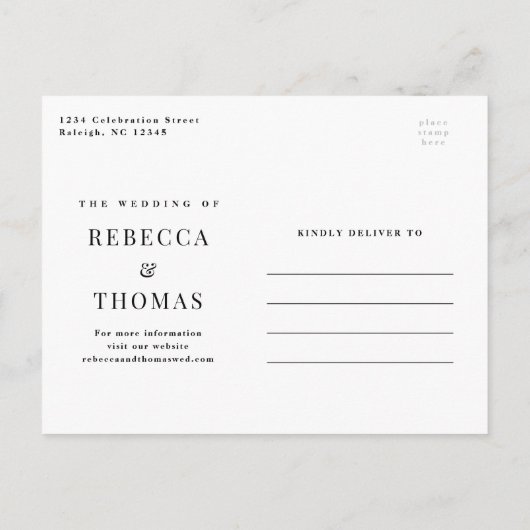 名前モダンの入力シンプル写真結婚の インビテーションポストカード (裏面)