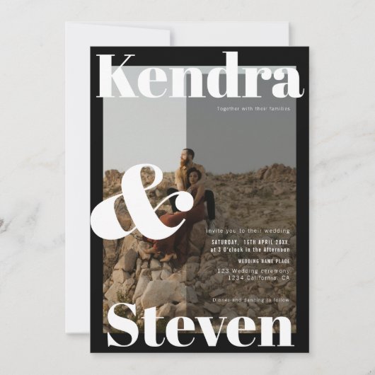 名前モダンはっきりした白黒結婚photo 招待状 (正面)