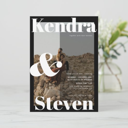 名前モダンはっきりした白黒結婚photo 招待状 (スタンド正面)