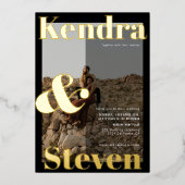 名前モダンはっきりした白黒結婚photo 箔招待状 (正面)