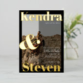 名前モダンはっきりした白黒結婚photo 箔招待状 (立ち正面)