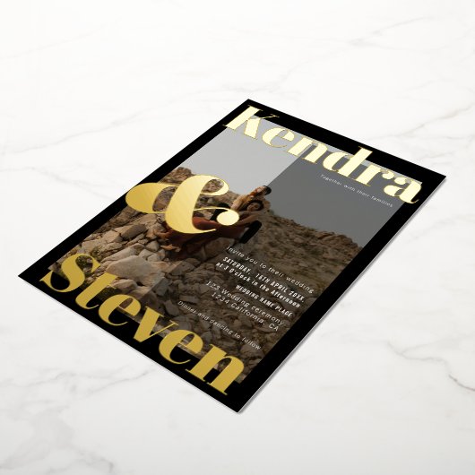 名前モダンはっきりした白黒結婚photo 箔招待状 (回転した状態)