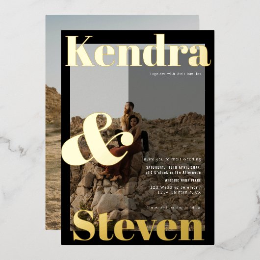 名前モダンはっきりした白黒結婚photo 箔招待状 (正面/裏面)