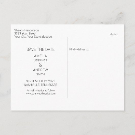名前モダンウェディング日付の保存 案内ポストカード (裏面)