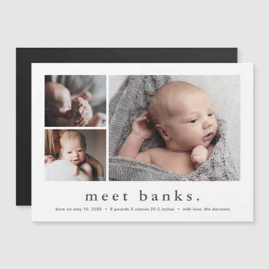 名前モダンシンプル3写真ベビー誕生発表 マグネット招待状 (正面/裏面)