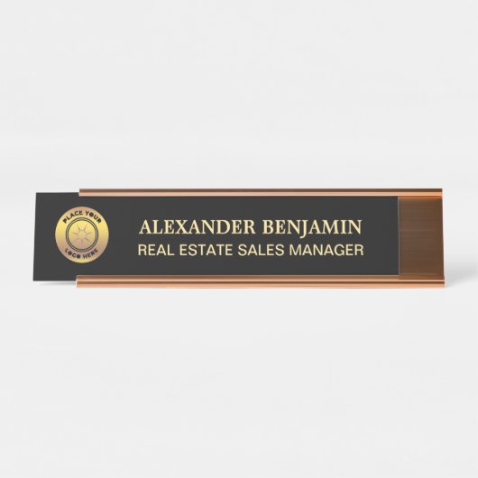 名前モダンブラック金ゴールドロゴプロフェッショナル デスクネームプレート (正面)