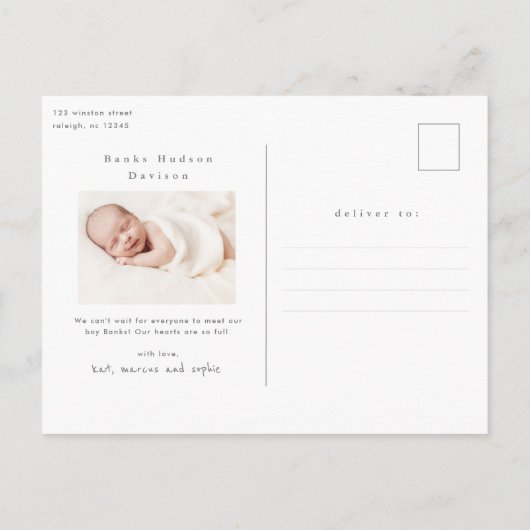 名前モダンベビーフォト誕生 案内ポストカード (裏面)