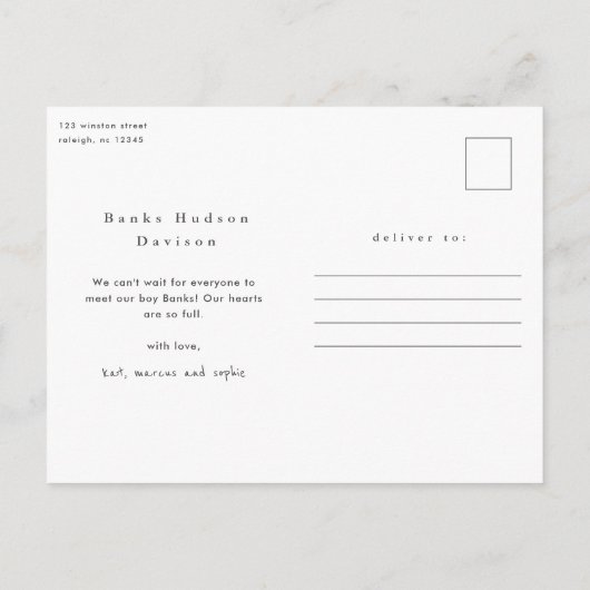 名前モダンベビー写真コラージュ誕生のお知らせ ポストカード (裏面)