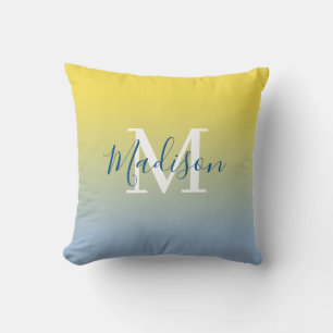 名前モダンモノグラム黄色からライトブルーのグラデーション クッション