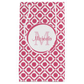 名前モダン付きピンクと白の幾何学的モノグラム スモールペーパーバッグ (正面)