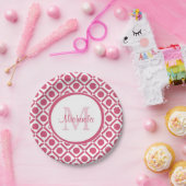 名前モダン付きピンクと白の幾何学的モノグラム ペーパープレート (パーティー)