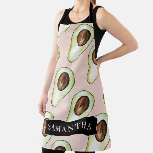 名前モダン付きピンクと緑のアボカド模様 エプロン (インサイチュ)