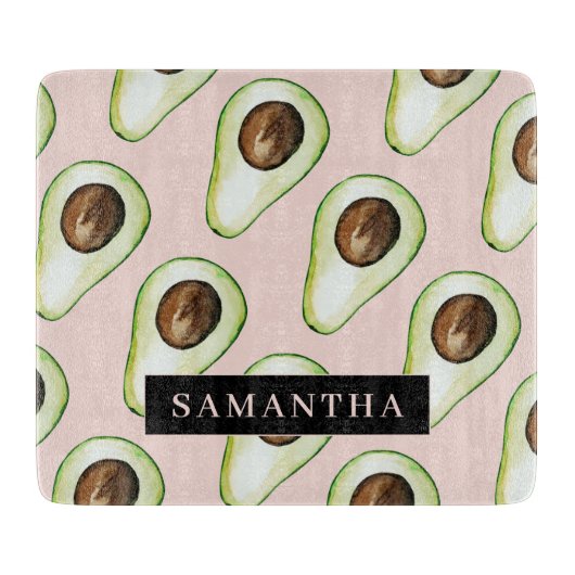 名前モダン付きピンクと緑のアボカド模様 カッティングボード (正面)