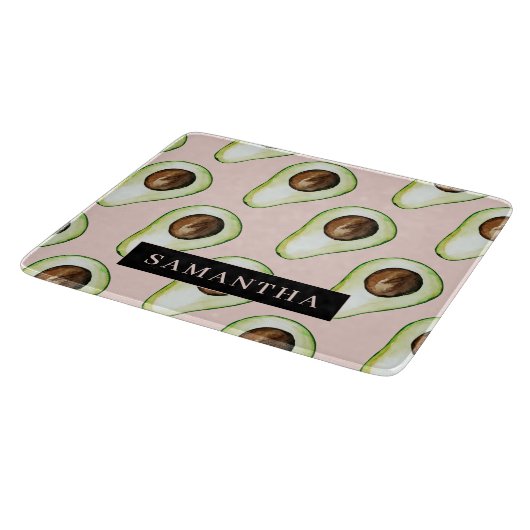 名前モダン付きピンクと緑のアボカド模様 カッティングボード (角)