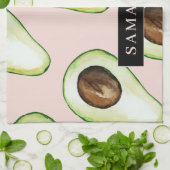 名前モダン付きピンクと緑のアボカド模様 キッチンタオル (折り畳み)