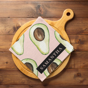 名前モダン付きピンクと緑のアボカド模様 キッチンタオル