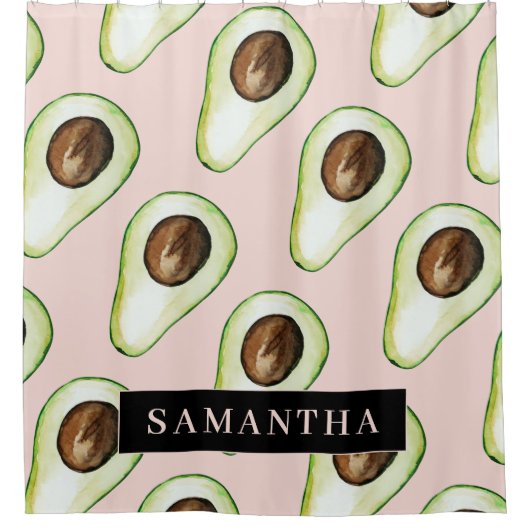 名前モダン付きピンクと緑のアボカド模様 シャワーカーテン (正面)