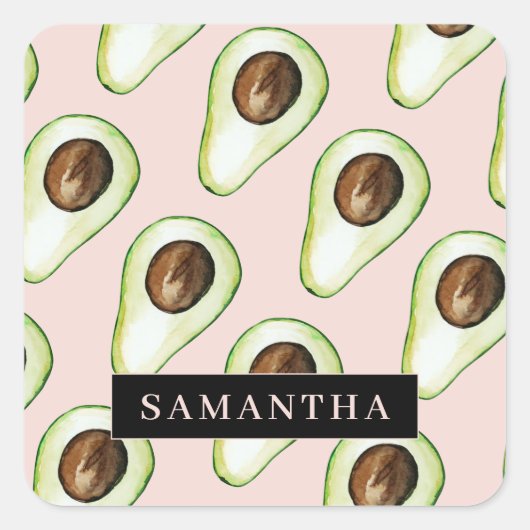 名前モダン付きピンクと緑のアボカド模様 スクエアシール (正面)