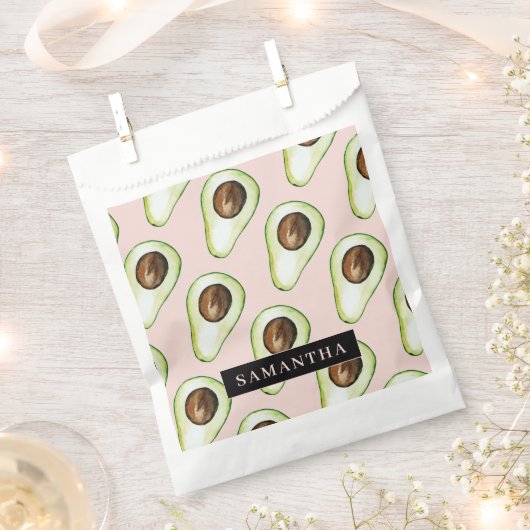 名前モダン付きピンクと緑のアボカド模様 フェイバーバッグ (クリップ留めされた状態)