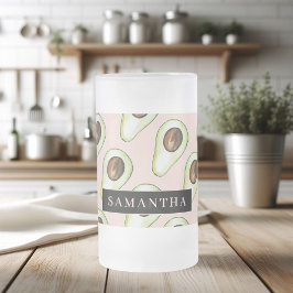 名前モダン付きピンクと緑のアボカド模様 フロストグラスビールジョッキ