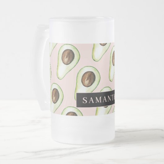 名前モダン付きピンクと緑のアボカド模様 フロストグラスビールジョッキ (正面左)