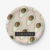 名前モダン付きピンクと緑のアボカド模様 ペーパープレート (正面)