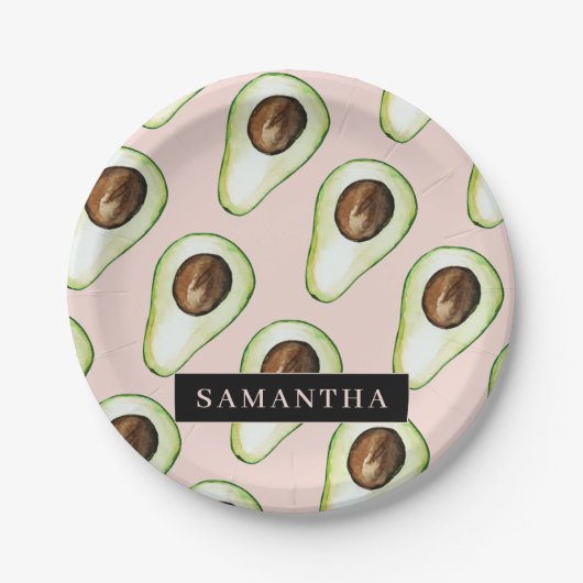 名前モダン付きピンクと緑のアボカド模様 ペーパープレート (正面)
