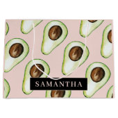名前モダン付きピンクと緑のアボカド模様 ラージペーパーバッグ (正面)