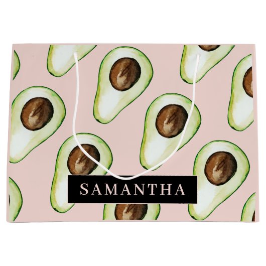 名前モダン付きピンクと緑のアボカド模様 ラージペーパーバッグ (正面)