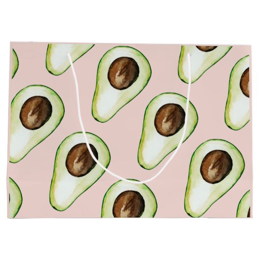 名前モダン付きピンクと緑のアボカド模様 ラージペーパーバッグ (裏面)