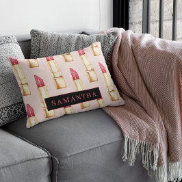 名前モダン付きピンクと赤の口紅のパタガーリーーン アクセントクッション