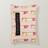 名前モダン付きピンクと赤の口紅のパタガーリーーン アクセントクッション (正面(垂直))