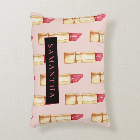 名前モダン付きピンクと赤の口紅のパタガーリーーン アクセントクッション (正面(垂直))