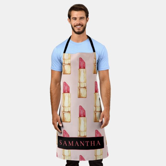 名前モダン付きピンクと赤の口紅のパタガーリーーン エプロン (着用した状態)