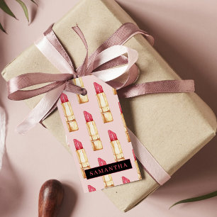 名前モダン付きピンクと赤の口紅のパタガーリーーン ギフトタグ