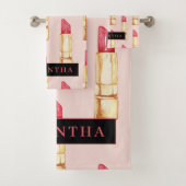 名前モダン付きピンクと赤の口紅のパタガーリーーン バスタオルセット (インサイチュ)