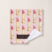 名前モダン付きピンクと赤の口紅のパタガーリーーン バスタオルセット (ウォッシュタオル)