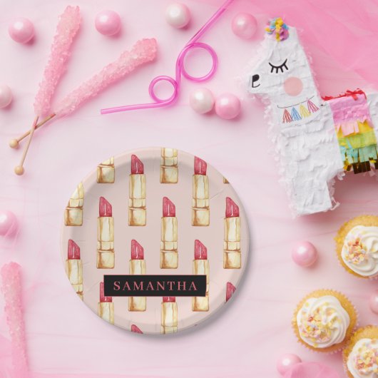 名前モダン付きピンクと赤の口紅のパタガーリーーン ペーパープレート (パーティー)