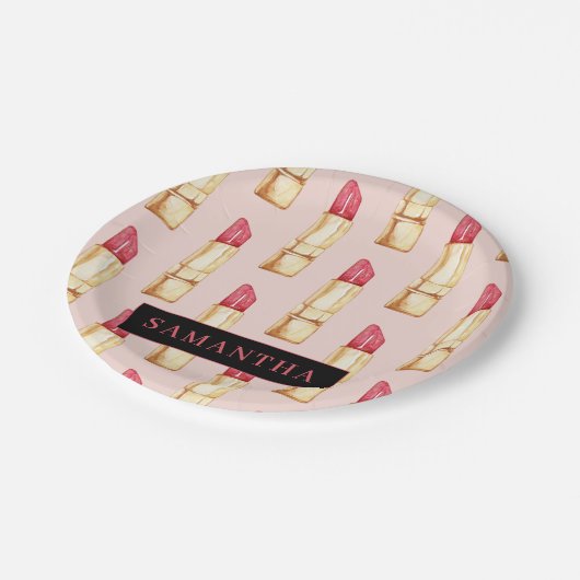 名前モダン付きピンクと赤の口紅のパタガーリーーン ペーパープレート (アングル)