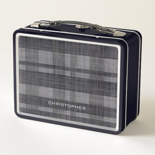 名前モダン付きリネン格子模様 – 黒い灰色 メタルランチボックス (裏面)