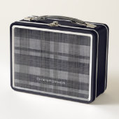 名前モダン付きリネン格子模様 – 黒い灰色 メタルランチボックス (正面)