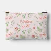 名前モダン付き魅力的ピンク色の緑のフローラ アクセサリーポーチ (正面)