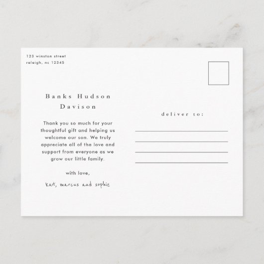 名前モダン写真コラージュベビーありがとう ポストカード (裏面)