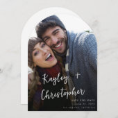 名前モダン写真Vertical Chic日付の円弧を保存 招待状 (正面/裏面)